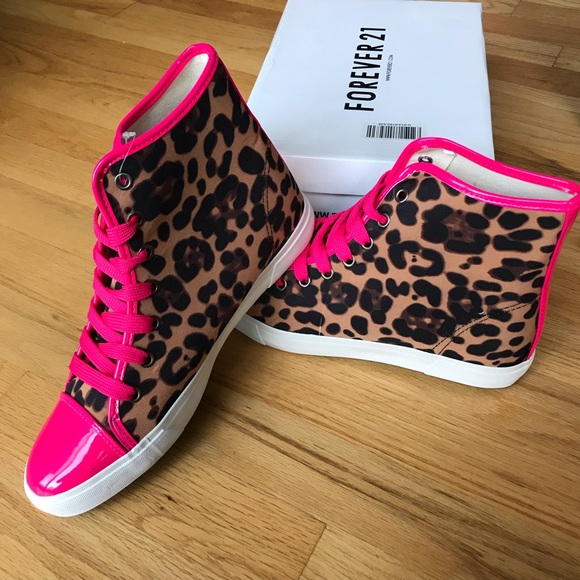 Forever 21 Shoes - Forever 21 Canvas Cheetah & Pink Hi-Top Sneakers.